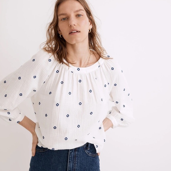 Madewell Embroidered Lightspun Wide Neck Cuffed Sleeve Top - Picture 1 of 11